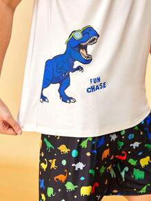 SHEIN Men's Fun Dinosaur Home & Casual Crew Neck Set - White - View 2