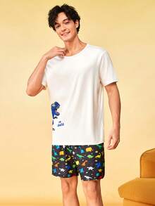 SHEIN Men's Fun Dinosaur Home & Casual Crew Neck Set - White - View 5