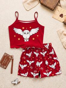 HARRY POTTER X SHEIN 青少年女孩印花細肩帶上衣與短褲家居服 - 紅色 - 查看 1