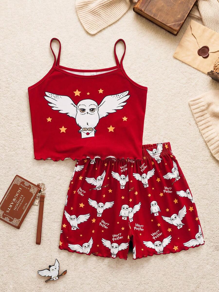 HARRY POTTER X SHEIN 青少年女孩印花細肩帶上衣與短褲家居服 - 紅色 - 查看 1