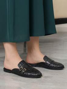 Sleekvia 女款 PU 素色扣飾辦公購物外出通勤休閒一腳蹬穆勒鞋 - 靜夜黑色 - 查看 1