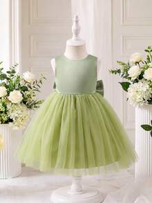 SHEIN Glamorique Kids 女童無袖洋裝，白色蕾絲背部設計搭配綠色柔軟網紗裙襬，可拆式蝴蝶結，適合生日派對、婚禮花童、家庭聚會、畢業舞會等正式場合，亦可日常度假穿著，兒童攝影，清新儀式感 - 綠色 - 查看 5