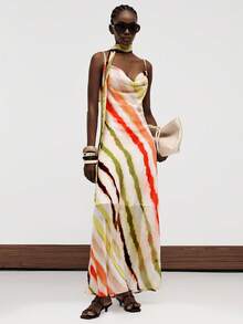 Aveloria Modichic New Vacation Style Off-White Striped Chiffon Fabric Long Spaghetti Strap Sexy Aesthetic Low Rise Dress Cowl Neck Slim Fit Summer Elegant Dinner Party - Multicolor - View 2