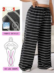 Solflare Plus Size Women's Spring Summer Autumn Casual Vacation Daily Commute Color Block Striped Print Drawstring Waist Loose Wide Leg Long Pants - Multicolor - View 1