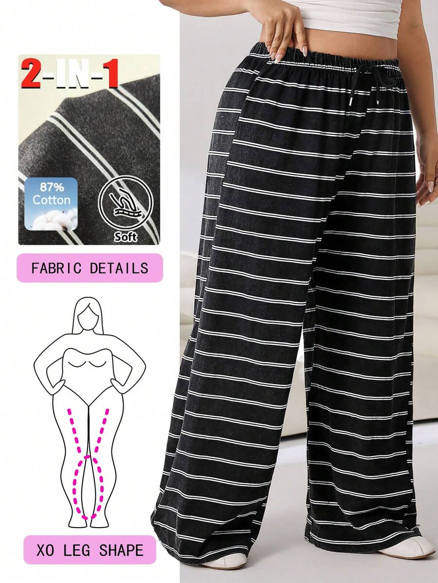 Solflare Plus Size Women's Spring Summer Autumn Casual Vacation Daily Commute Color Block Striped Print Drawstring Waist Loose Wide Leg Long Pants - Multicolor - View 1