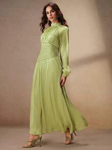Anewsta Women's Elegant Round Neck Long Sleeve Beaded Chain Ruched Waist Shiny Party Long Dress - Green - View 4
