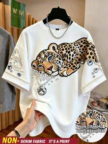 SHEIN Clasi 女款圓領仿刺繡仿珠飾豹紋短袖T恤 - 白色 - 查看 1