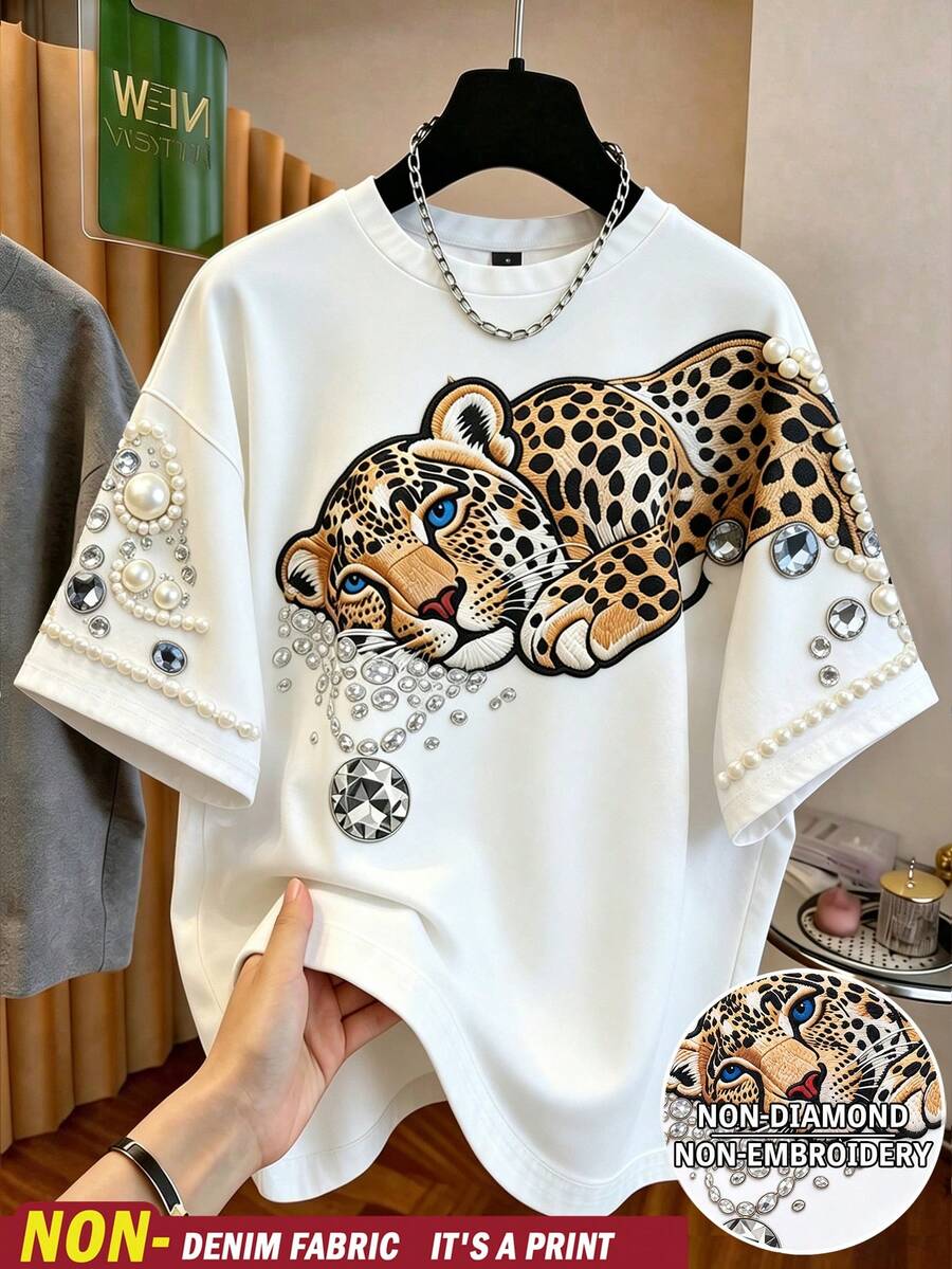 SHEIN Clasi 女款圓領仿刺繡仿珠飾豹紋短袖T恤 - 白色 - 查看 1