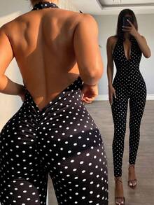 SHEIN SXY 波點印花性感掛脖拉鍊前襟緊身連身褲 - 黑與白 - 查看 2