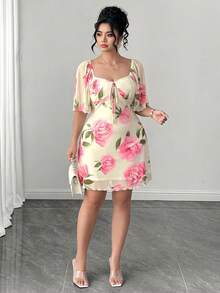 Elenzga Women's French Elegant Casual Vacation Commute, Women's Floral Print Front Tie Ruched Sleeve Square Neck Short Elegant Mini Dress, Women's Commute Outfit, Women's Wedding Guest Dress, Women's Dress, Summer Women's Dress, Summer Outfit, Beach Outfit, Beach Dress, Outing Dress, Women's Vacation Outfit, Vacation Dress, Women's Casual Dress, Women's Elegant Dress, Floral Print Front Tie Ruched Sleeve Short Elegant Mini Dress - Multicolor - View 2