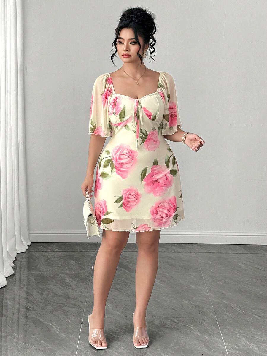 Elenzga Women's French Elegant Casual Vacation Commute, Women's Floral Print Front Tie Ruched Sleeve Square Neck Short Elegant Mini Dress, Women's Commute Outfit, Women's Wedding Guest Dress, Women's Dress, Summer Women's Dress, Summer Outfit, Beach Outfit, Beach Dress, Outing Dress, Women's Vacation Outfit, Vacation Dress, Women's Casual Dress, Women's Elegant Dress, Floral Print Front Tie Ruched Sleeve Short Elegant Mini Dress