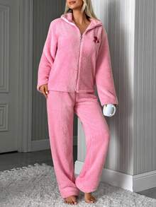 SHEIN Heart Embroidery Zip Up Teddy Fleece Lounge Set - Pink - View 4