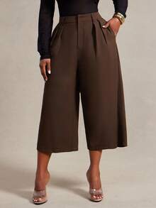 Radiana Plus Size Women's Minimalist Business Casual Fashion Brown Plus Size Wide Leg Capris Pants, Commuter Office Trousers Summer - Brown - View 5
