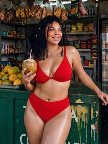 Slaydiva Atasan Bikini Minimalis Seksi Warna Polos Ukuran Besar - Merah - View 6