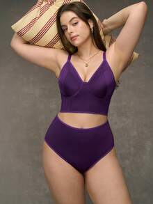 SHEIN Plus Size Minimalist Padded Sexy Lingerie Set, Lift - Purple - View 4