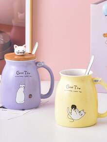 Zazumi Cute Cartoon Cat Ceramic Cup With Lid Spoon, Large Capacity Mug, Home Coffee Cup, Breakfast Milk Water Cup, Suitable For Valentine's Day Gift, Birthday Gift, Christmas Gift - Multicolor - View 9