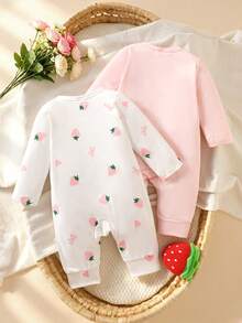 SHEIN 新生女嬰秋季舒適甜美可愛蝴蝶結圖案長袖連身衣 2件套 適合任何場合 - 淺粉色 - 查看 4