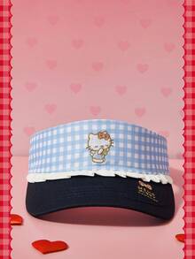 HELLO KITTY AND FRIENDS | SHEIN A Lady's Top, Embroidery, Blue And White Checkered, Lace, Empty Hat, Suitable For Outdoor Outings - Empty hat - View 4