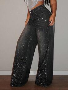 Jeanoix Plus Size Women's Fashion Rhinestone Embellished Washed Denim Wide Leg Pants Rave Black Summer - Black - View 4