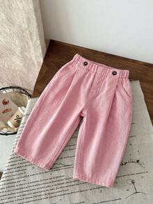 SHEIN LMoss Kids 女婴宽松口袋休闲阔腿牛仔裤 - 粉色 - 查看 5