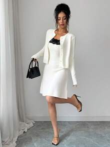 Elenzga Women's Strapless Lace Plaid Dress + Woolen Cardigan Set, Two Pieces Outfit, Peach Color Set, Fashion,Lace Dress + Short Cardigan Jacket - Apricot - View 4