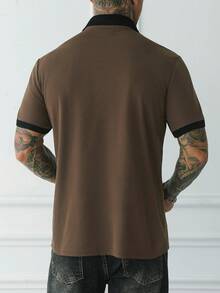 Manfinity Homme 男士刺繡對比羅紋領短袖 Polo 衫，成熟休閒風，適合送給丈夫/男友，假期、約會禮物 - 卡其色 - 查看 6