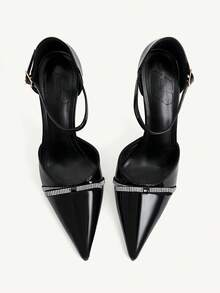 CUCCOO CHICEST Sexy Black Patent Leather Rhinestone Bow Pointed Toe Stiletto High Heels, Side Space Design Shoes, Dating And Commuting Two Shoes - Black - View 2