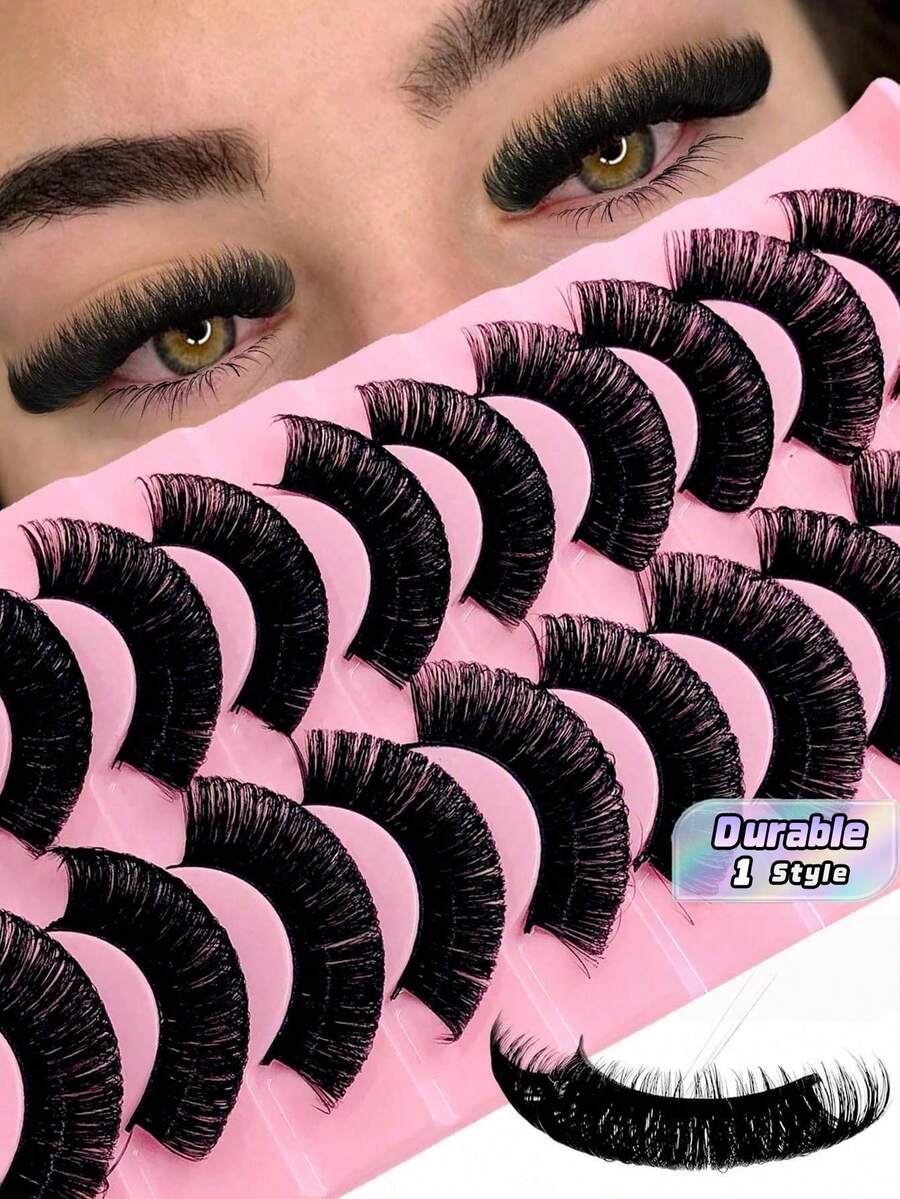 10 Pairs D Curl Fluffy Thick Russian Strip Lashes Mega Volume Faux Mink Lashes Eye Lifting Look Extension Dramatic Look Full Eyelash Strip Strip Lashes, Lashes, Eyelashes, Fake Lashes - Dense - View 1