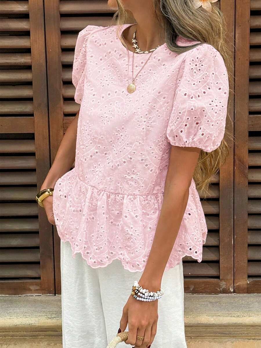 SHEIN LUNE 女款休閒刺繡夏季度假通勤日常基礎時尚外出穿搭 花瓣袖短袖收腰可愛襯衫 - 粉色 - 查看 1