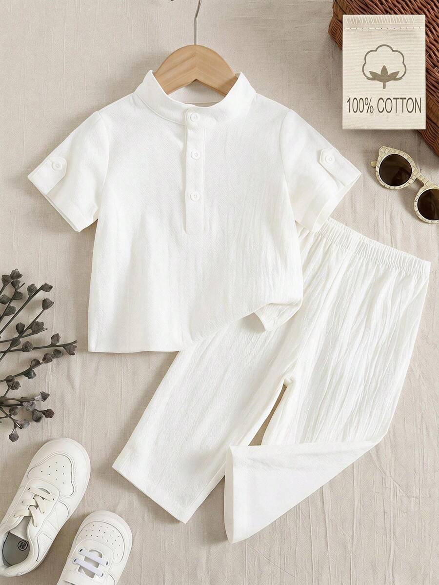 SHEIN Unisex Baby Jungen/Mädchen Baby Jungen 2er Set 100% Baumwolle Frühling/Sommer Lässig Süß Reinweiß Kurzarm Hemd und Lange Hose Set, Baby Jungen Outfit Sets, Baby Jungen Sommer Kleidung - Weiss - Übersicht 1
