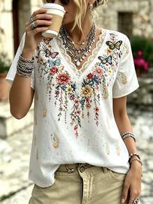 SHEIN Floral Butterfly Pattern Contrast Lace V-Neck Short Sleeve Blouse For Middle-Aged And Elderly Women - White - View 3