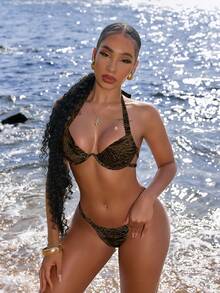 Swim SXY Brown Print Halter Neck Underwire Top And Thong Bikini Set Beach Party Summer Sexy - Coffee Brown - View 5