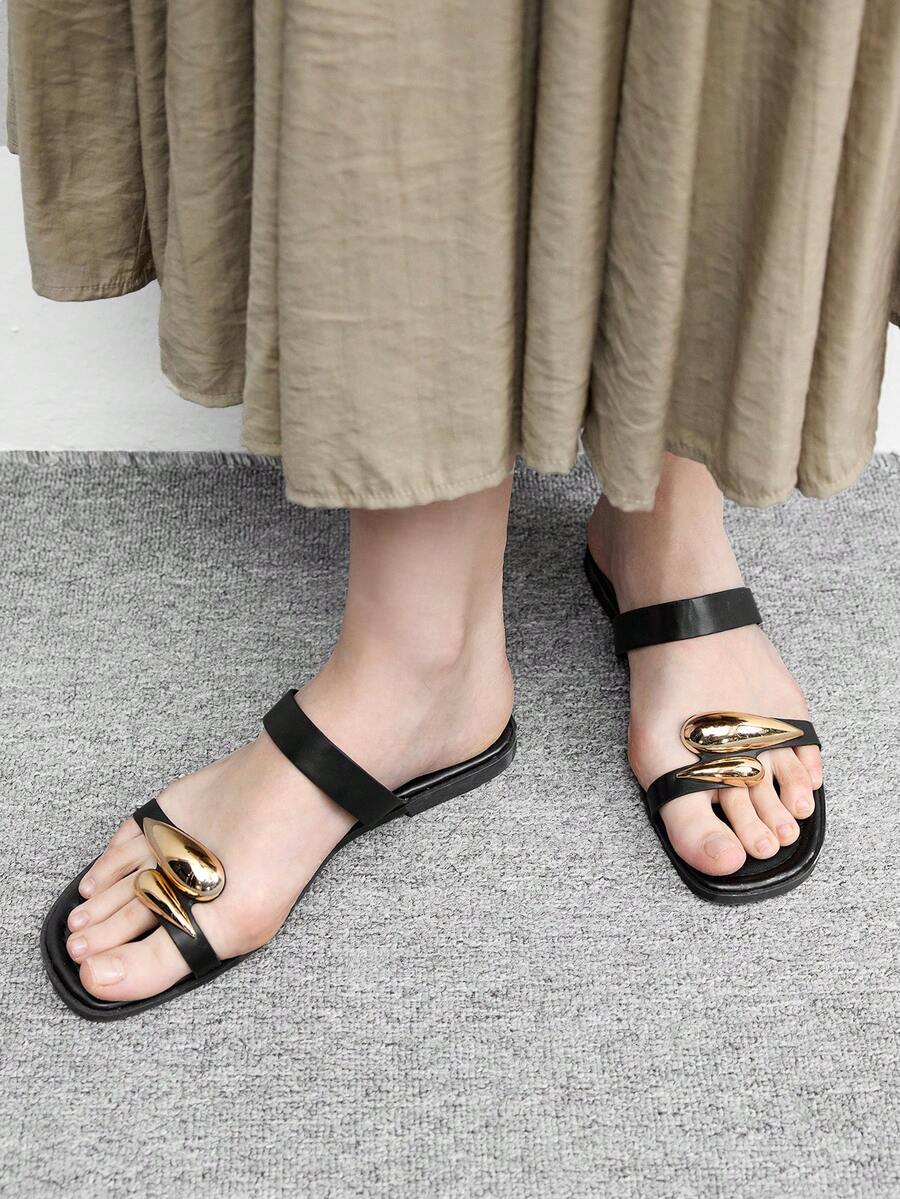 CUCCOO BIZCHIC Minimalist Black Leather Metal Drop Toe Flats - Black - View 1