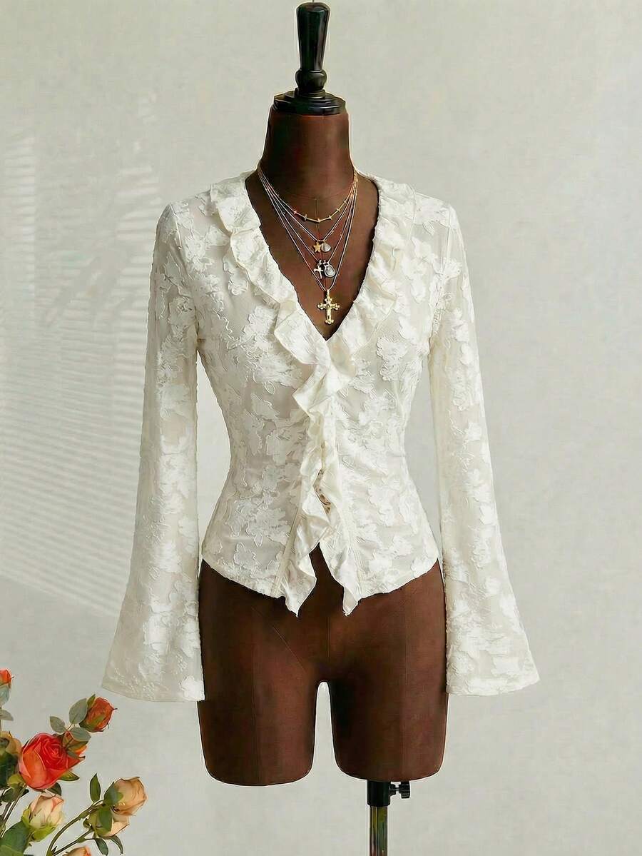 SHEIN MOD 女士优雅米白色蕾丝上衣,提花薄纱长袖荷叶边V领上衣,可爱夏日茶会装、海滩度假装、时尚情人节装扮 - 杏色 - 查看 1