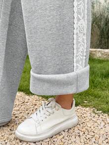 Lyckli Maternity Side Contrast Lace Drawstring Waist Pocket Wide Leg Casual Long Pants Winter - Grey - View 7