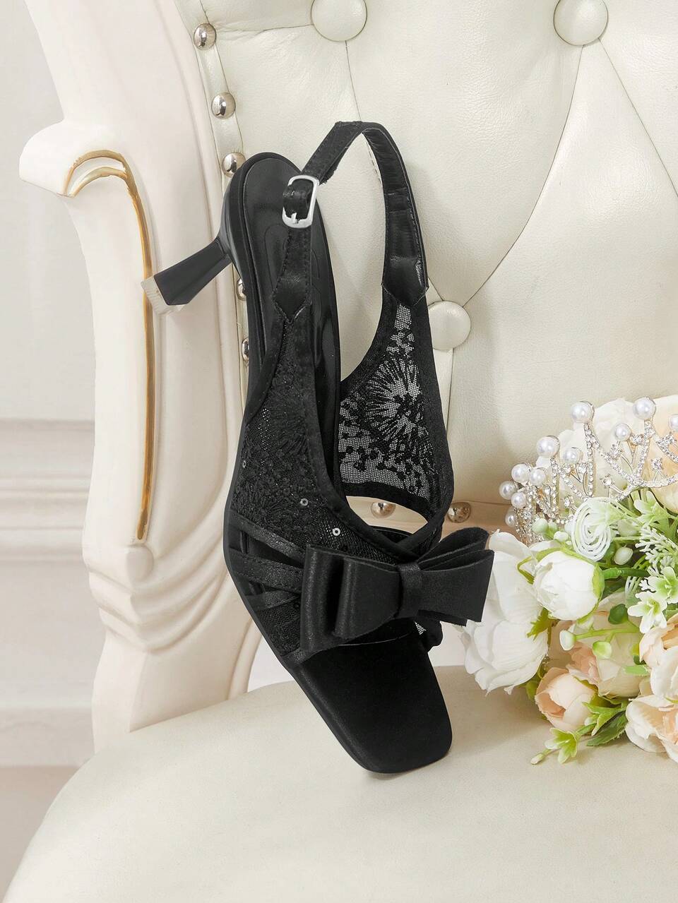 CUCCOO HITCHD French Gentle Style Black Mesh Lace Sandals Women's Square Toe Stiletto Bow Buckle Temperament Women's Shoes