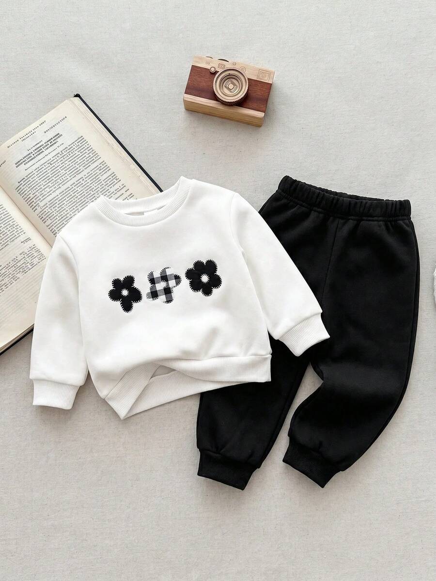 Blossori Baby Girls French Elegant Round Neck Floral Embroidered Pullover Sweatshirt/Pants Set - Multicolor - View 1