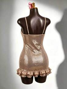 SaltGleam SaltGleam Women's Solid Color Sequin Front Tie Cami Dress - Gold - View 2