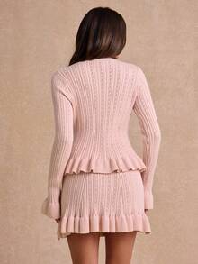 Enchnt Premium Pre-Fall Romantic Women's Pink Elegant Ruffle Hem Cardigan 2pcs/Set Top & Mini Skirt,Back To School,Casual Sets For Women,Work Outfits - Pink - View 7