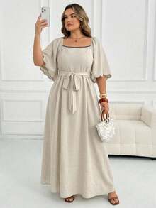 SHEIN CURVE+ Plus Size Women's Floral Trim Square Neck Raglan Sleeve Elegant Dress - Beige - View 3