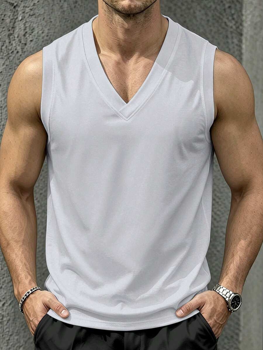 Manfinity CasualCool 男士休閒純色深V領無袖背心,優雅灰色寬鬆版型上衣,適合夏季日常穿著、週末出遊、戶外活動、旅行、遊輪/遊艇風格、半正式場合,送給男朋友/丈夫生日/週年紀念的絕佳禮物 - 灰色 - 查看 1