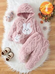 SHEIN Vintaside Kids 女嬰秋季刺繡兔子抓絨套裝 粉色麻花針織連帽衛衣慢跑褲 3件套 附包 淺粉色 親子款 粉黑配色 - 淺粉色 - 查看 4