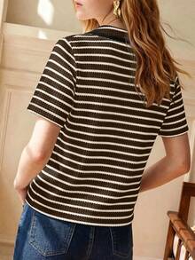 Écloséra New Style Collared Striped Short Sleeve T-Shirt Suitable For Summer, Striped Textured Jacquard T-Shirt, Outing Top - Coffee Brown - View 2