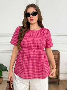 SHEIN LUNE 大尺碼女款格紋百褶休閒百搭日常短袖襯衫 - 彩色 - 查看 3