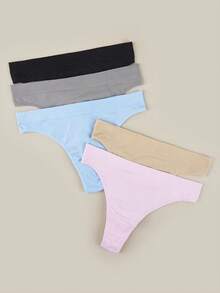 Bralution 5pcs Women Plus Size Basic Solid Seamless Comfortable Ribbed Knitted Sexy Thong Panties - Multicolor - View 3