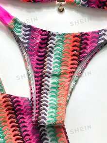 SHEIN Swim Chicsea 26SS 春夏度假海灘派對 BOHO 風輕盈性感熱帶編織亮粉色比基尼泳衣附褲子 3 件套 - 彩色 - 查看 5