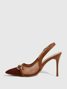 CUCCOO SZL Women Shoes Multi-Color Mesh Stitching Metal Buckle Pointed Heel Back Tripple Sandals Light And Sweet Style Spring And Summer Models Suitable For Work - Brown - View 4