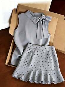 SHEIN Franclia 夏季优雅通勤纯色领结马甲和波点印花半裙两件套 - 灰色 - 查看 2