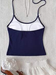 Elavelle Conjunto de bikini para mujer con estampado aleatorio, cuello halter y decoración de lazo, primavera/verano - Azul Marino - Ver 3