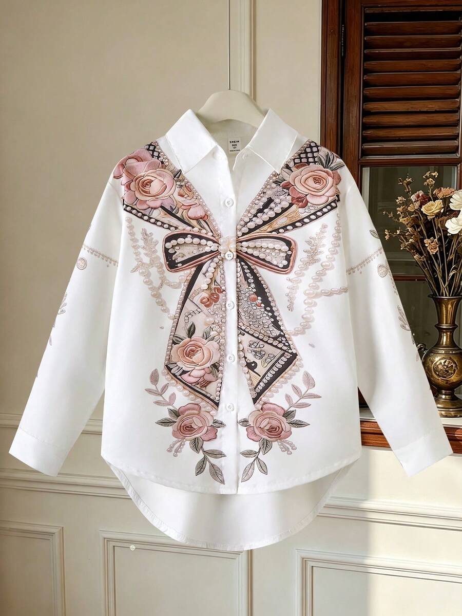 SHEIN 女童時尚休閒寬鬆慵懶中長版襯衫 - 白色 - 查看 1